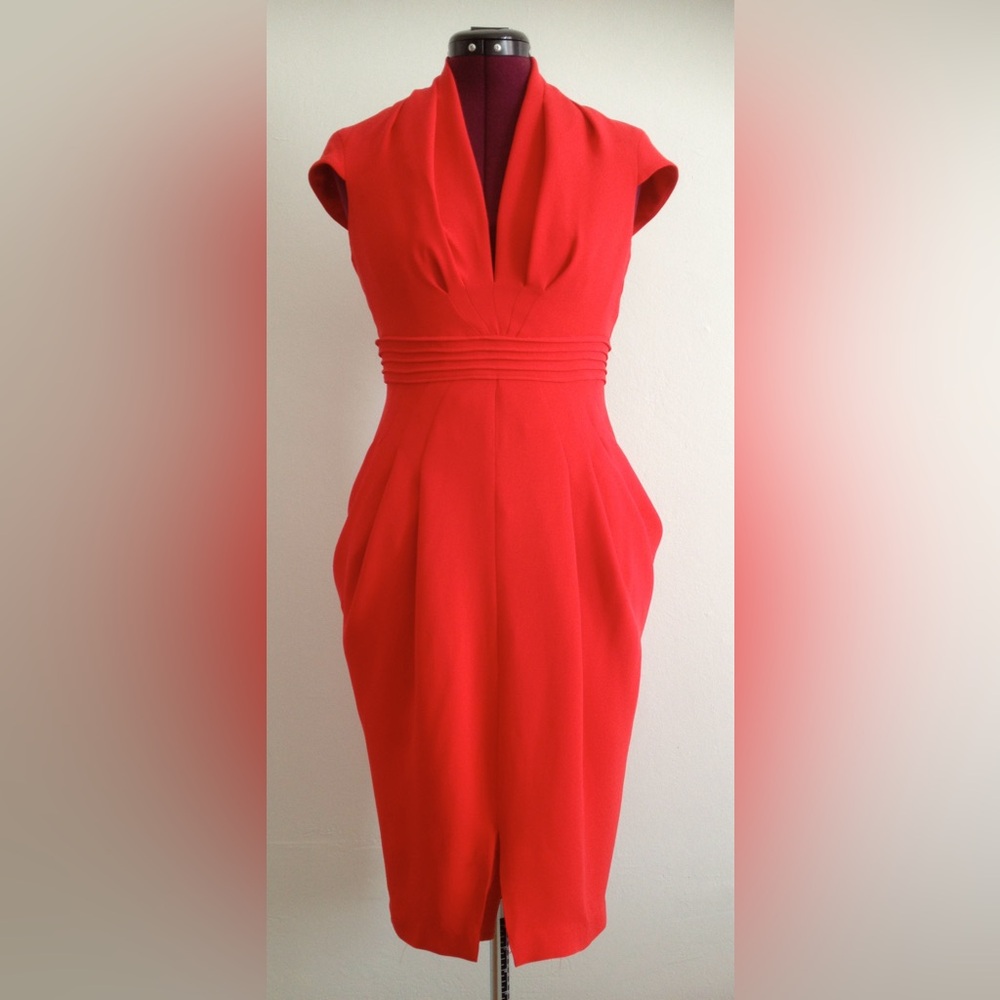 Deep V-neckline Cap Sleeve Draped Sheath Dress
